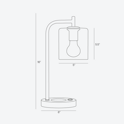 Minimalist metal desk lamp with exposed bulb and rectangular glass shade — 16-inch height, 6-inch base diameter, 5-inch shade width, 5.5-inch shade height
