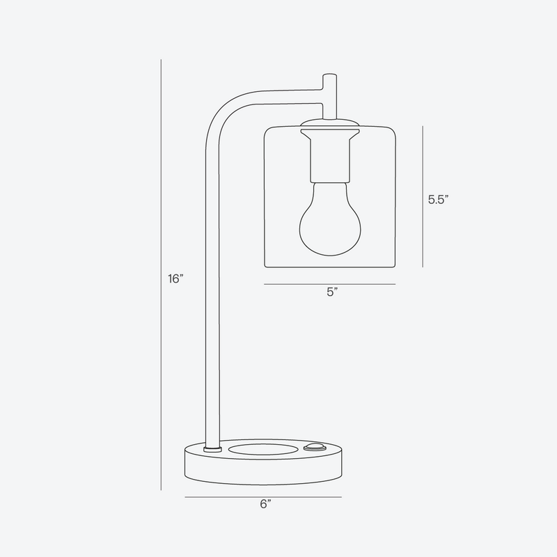 Minimalist metal desk lamp with exposed bulb and rectangular glass shade — 16-inch height, 6-inch base diameter, 5-inch shade width, 5.5-inch shade height