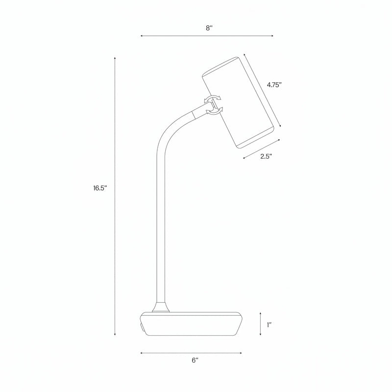 Adjustable LED desk lamp dimensions diagram — 16.5 in height, 8 in reach, 4.75 x 2.5 in rotating head, flexible gooseneck, 6 in base