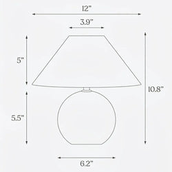 Round table lamp dimensions diagram: total height 10.8 in; shade width 12 in; shade top 3.9 in; shade height 5 in; base height 5.5 in; base diameter 6.2 in