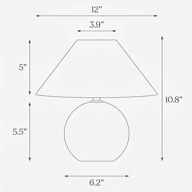 Round table lamp dimensions diagram: total height 10.8 in; shade width 12 in; shade top 3.9 in; shade height 5 in; base height 5.5 in; base diameter 6.2 in