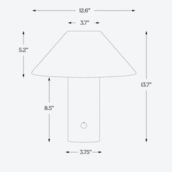 Modern mushroom table lamp dimensions diagram: 13.7-inch overall height, 12.6-inch shade width, 5.2-inch shade height, 3.7-inch top opening, 8.5-inch base height, 3.75-inch base diameter; cylindrical base with front power button.