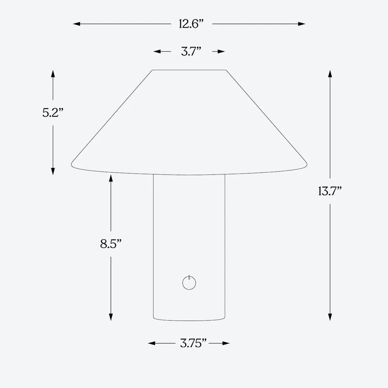 Modern mushroom table lamp dimensions diagram: 13.7-inch overall height, 12.6-inch shade width, 5.2-inch shade height, 3.7-inch top opening, 8.5-inch base height, 3.75-inch base diameter; cylindrical base with front power button.