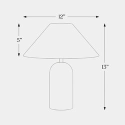 Modern minimalist bedside table lamp with cylindrical base and tapered 12-inch lampshade, 5-inch shade height and 13-inch overall height.