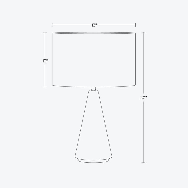 Illustration of modern table lamp with dimensions, 20 inches tall, 13-inch wide lampshade, cone base design.