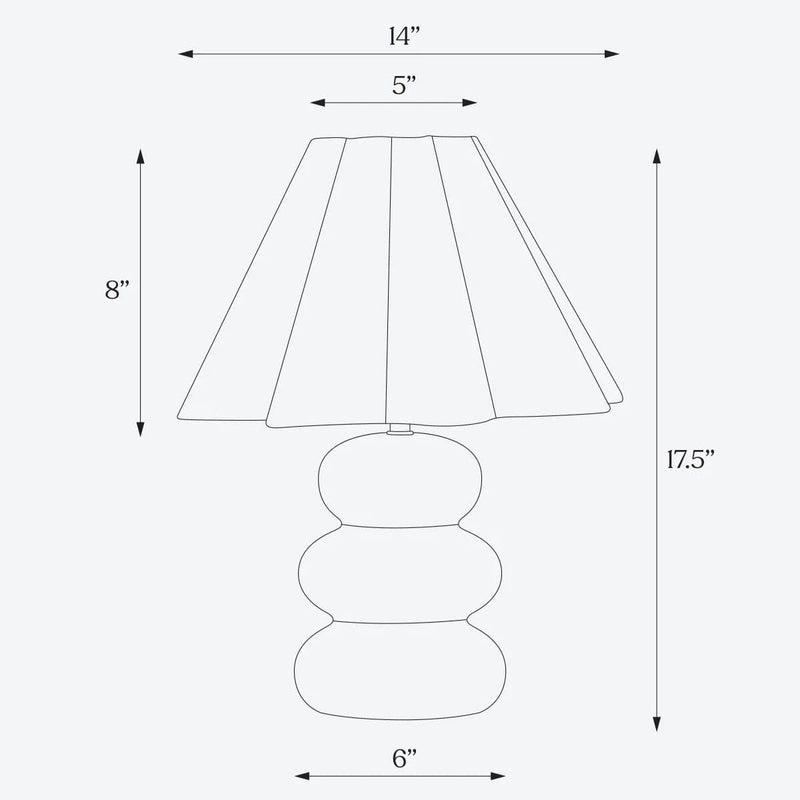 Illustration of table lamp with 17.5-inch height, 14-inch wide shade, and 6-inch wide base.