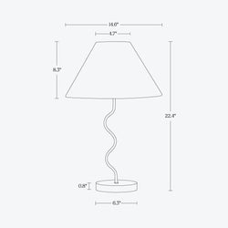 Dimensions and design of a modern table lamp with a curved stand and conical shade, measuring 22.4 inches in height and 14.6 inches in width.