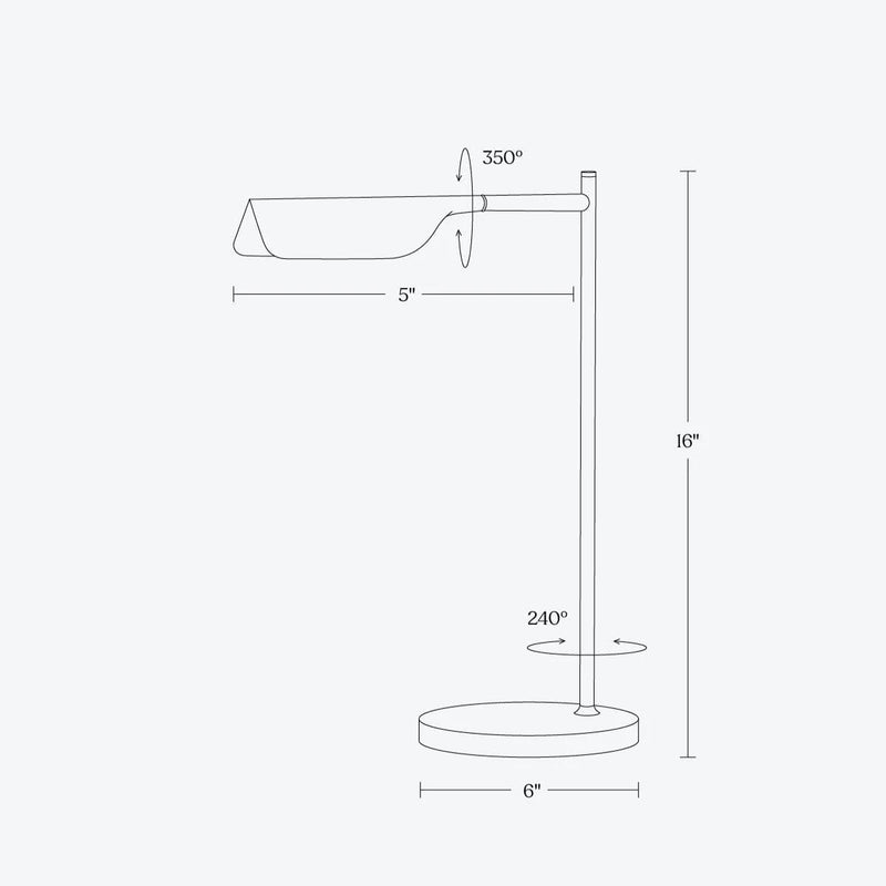 Diagram of adjustable desk lamp showing 16-inch height, 6-inch base, and 5-inch lampshade with rotation angles.