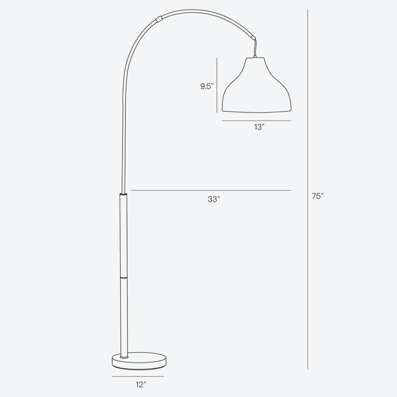Diagram of a modern floor lamp with measurements: 75 inches tall, 33-inch arm, 13-inch wide lampshade, and 12-inch base diameter.