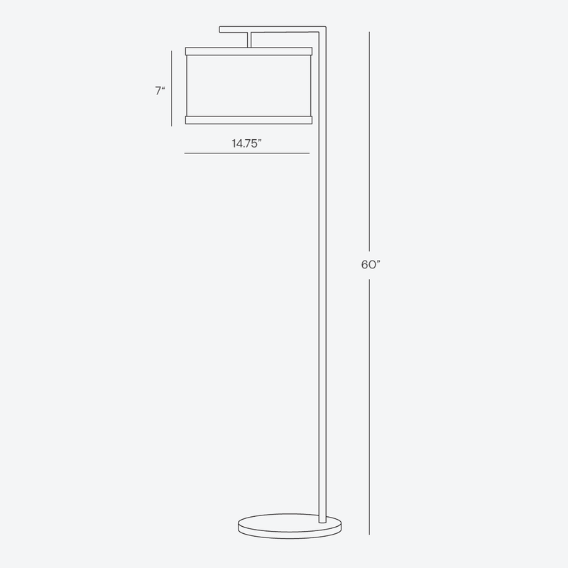 Modern floor lamp with dimensions of 60 inches tall and 14.75 inches wide featuring a sleek cylindrical design, perfect for contemporary home lighting solutions.