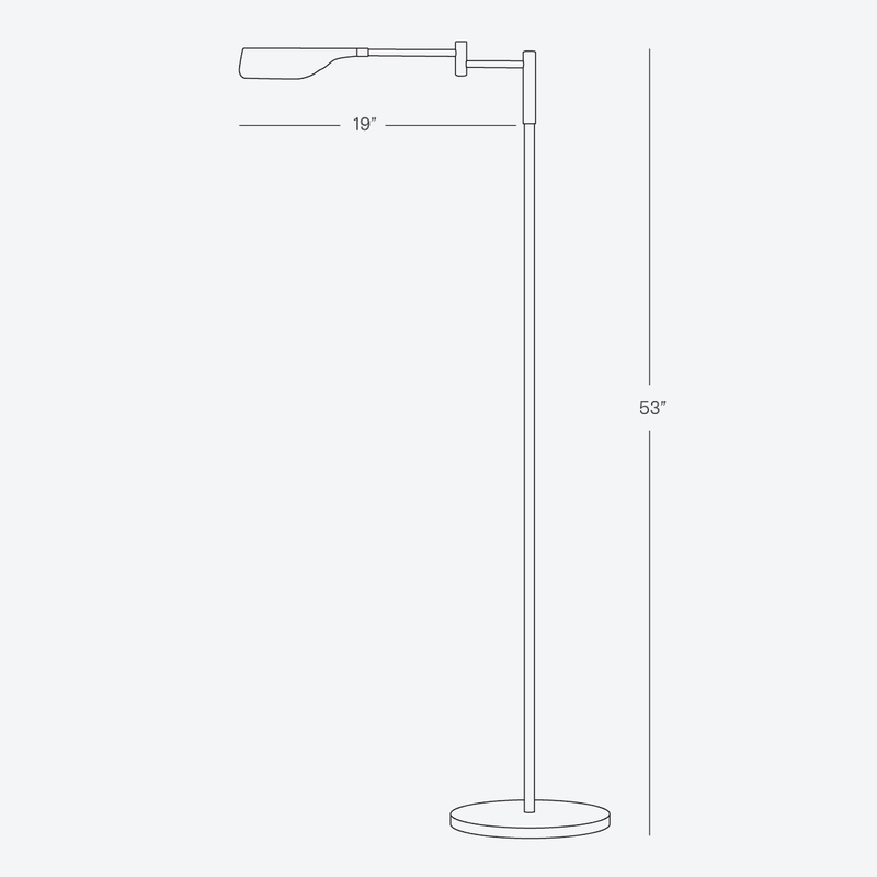 Diagram of a floor lamp with dimensions, 53 inches tall and 19 inches wide.