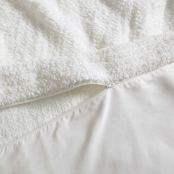 White fluffy fleece blanket with a visible zipper on a smooth satin surface.