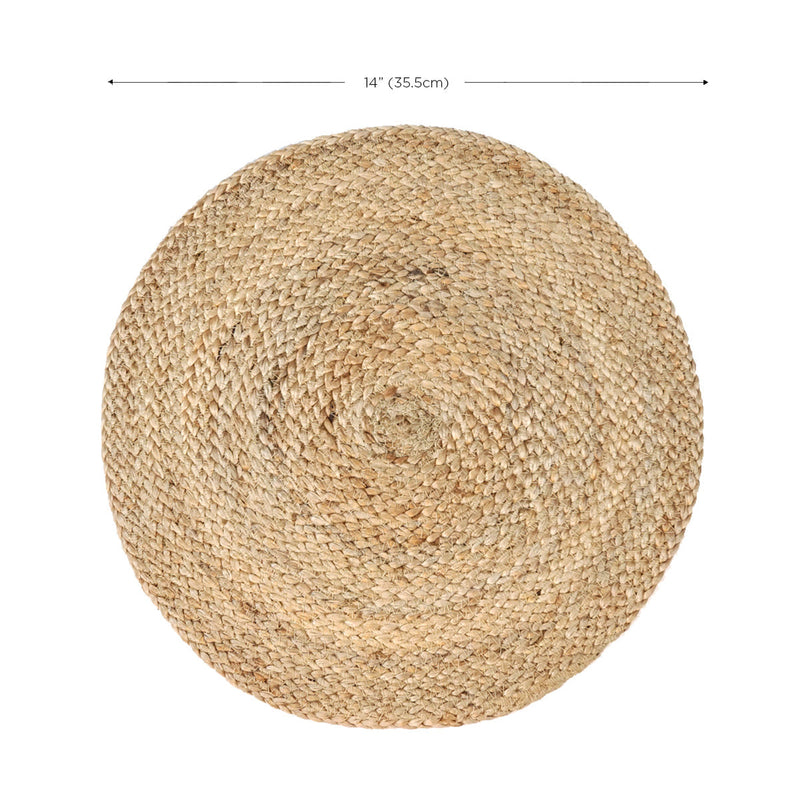 Round natural jute placemat measuring 14 inches, eco-friendly woven table accessory.