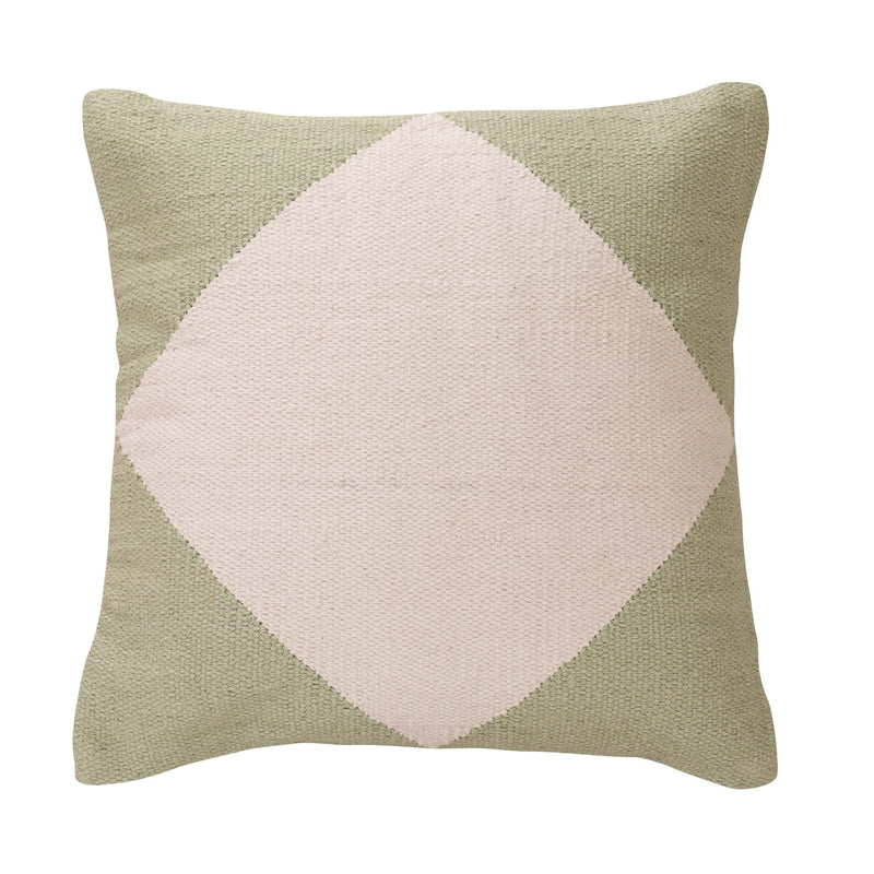 Decorative green and beige throw pillow with geometric diamond design for modern home décor.