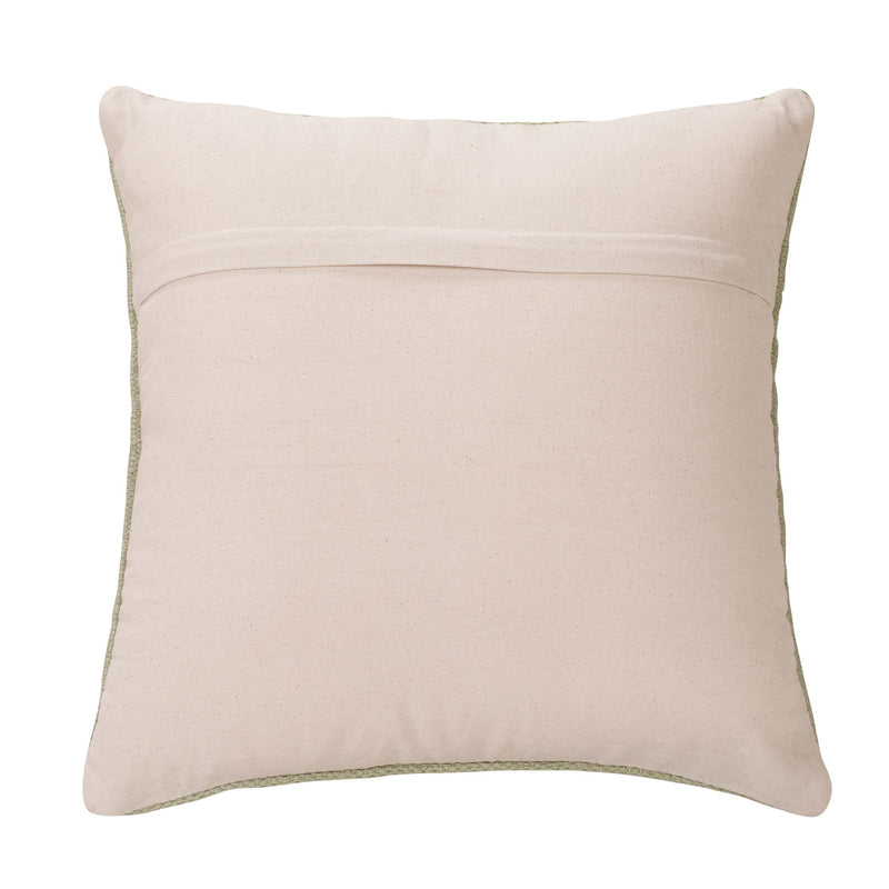 Beige square throw pillow with a subtle green border, perfect for home decor accents.