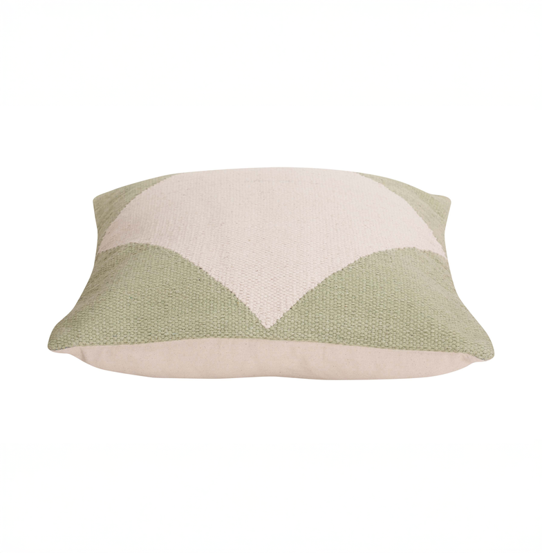 Green and cream patterned decorative throw pillow for living room styling.