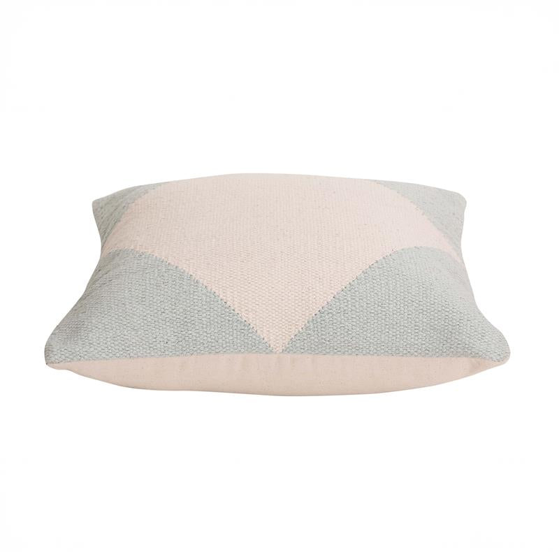 Cream and gray geometric decorative throw pillow on a white background.