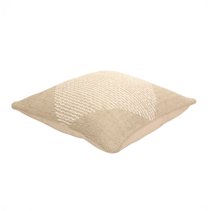 Beige and white woven decorative throw pillow on white background.