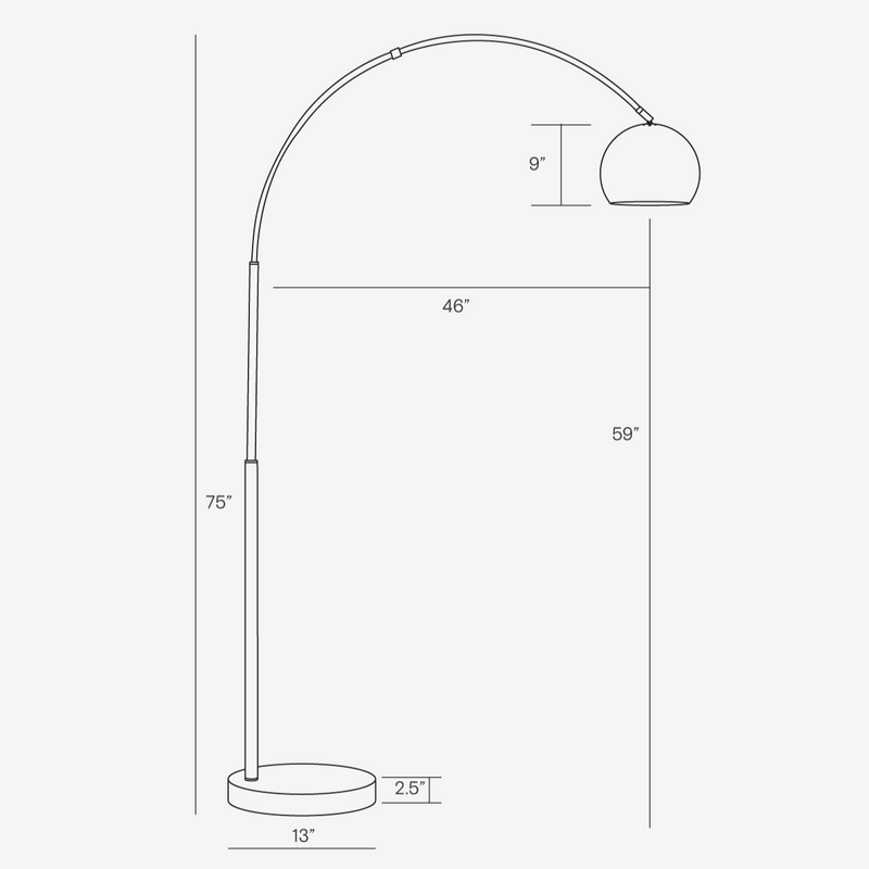 Diagram of a modern arched floor lamp showing dimensions including height of 75 inches, base width of 13 inches, and depth of 2.5 inches.