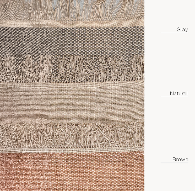 Natural fiber textile swatches in gray, natural, and brown shades with fringe detailing.