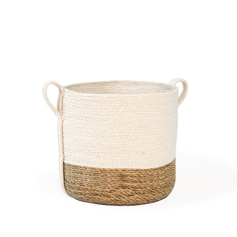 Woven rope basket with handles, ideal for home storage and organization.