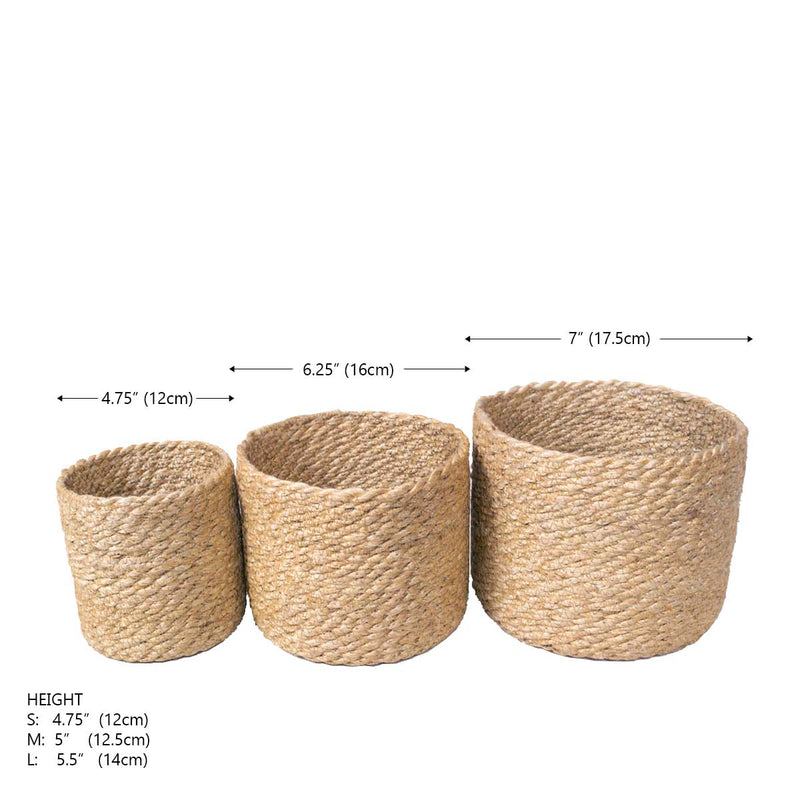 Set of three natural woven rope baskets in small, medium, and large sizes with measurements for home decor and storage solutions.