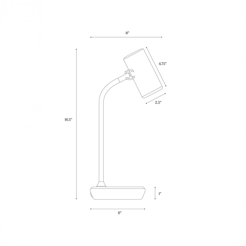 Dimensional diagram of a modern table lamp showing size specifications including height, width, and base diameter.