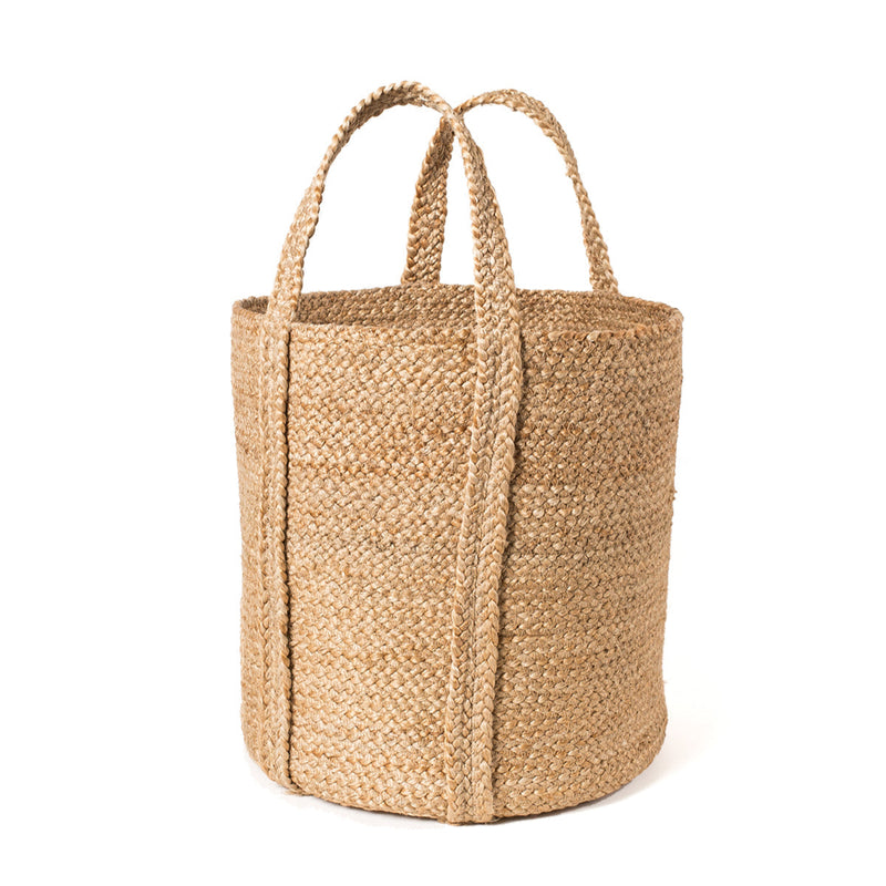 Natural woven jute tote bag with sturdy handles, eco-friendly and sustainable shopping accessory.