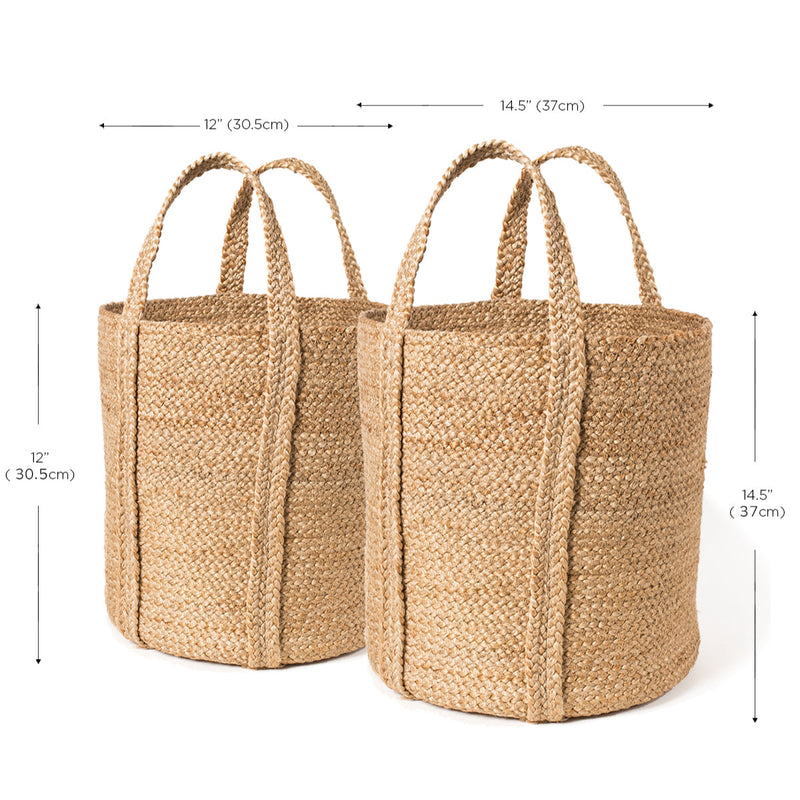 Set of two natural woven seagrass baskets with handles, dimensions 14.5 inches by 12 inches, versatile for home organization.