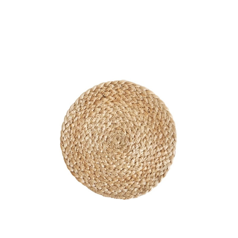 Natural woven jute placemat, eco-friendly round table decor.