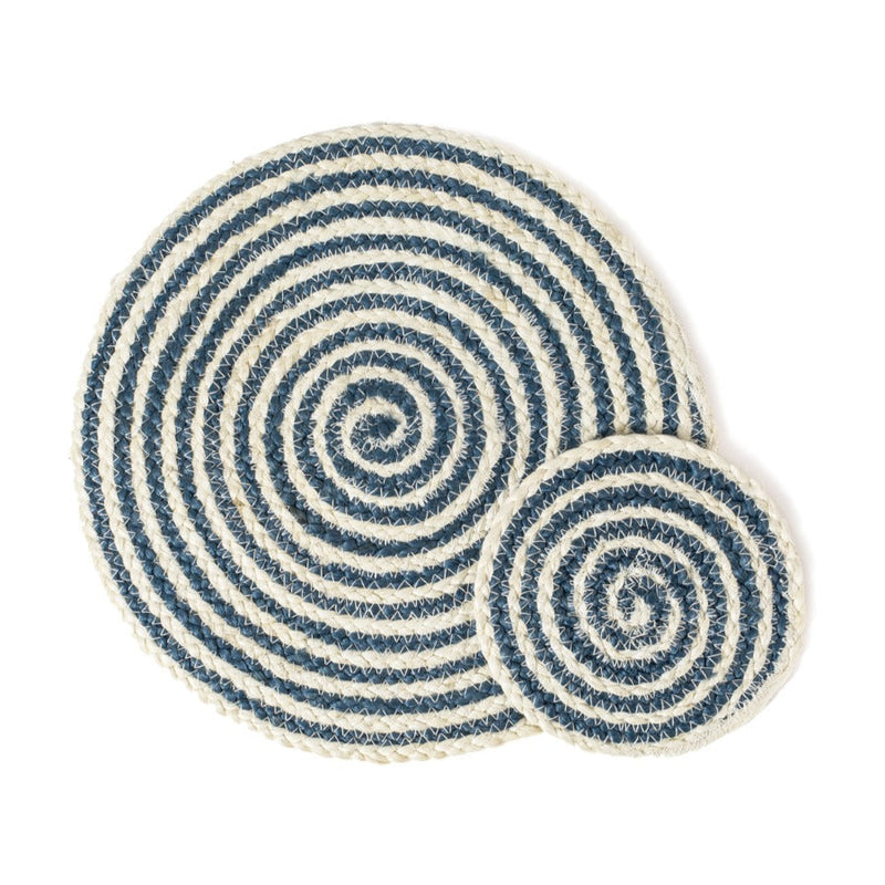 Decorative spiral design round sisal baskets in white and navy blue.