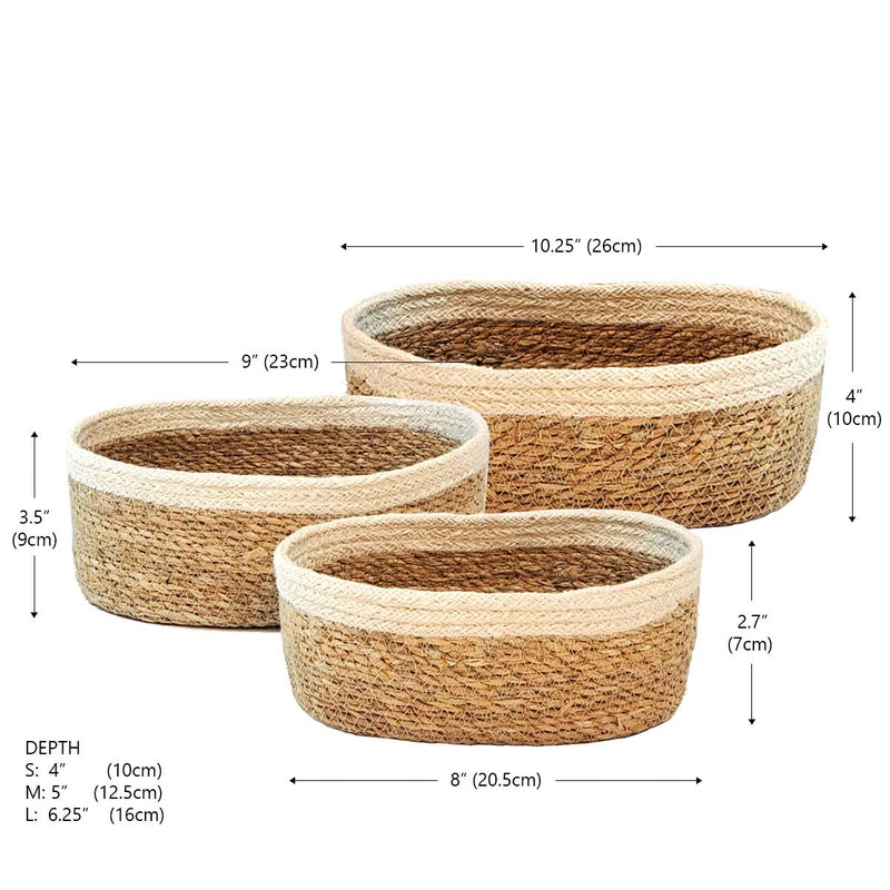 Set of three oval baskets with dimensions, made from natural woven materials, perfect for home storage and organization.