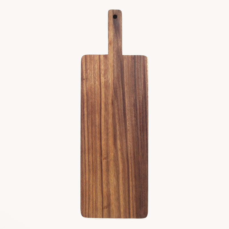 Wooden cutting board with handle, kitchen essential for chopping and serving.