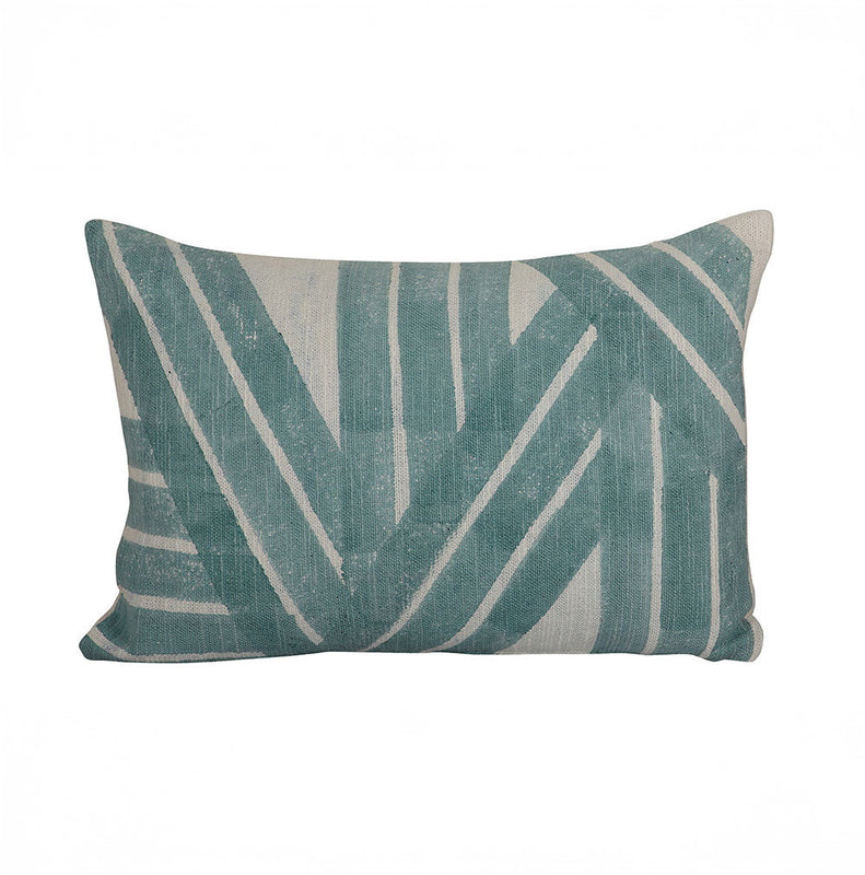 Rectangular turquoise decorative pillow with white geometric design for modern home decor.