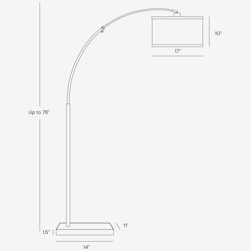 Arched floor lamp dimensions illustration with height, base, and shade measurements.