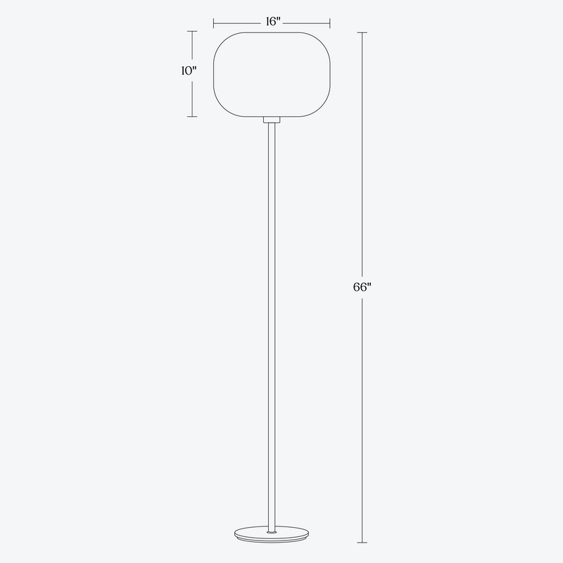 Modern floor lamp with dimensions 66 inches tall, 16 inches wide, and 10 inches deep.