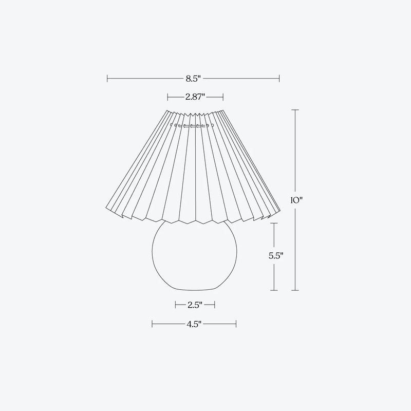 Diagram of a table lamp with pleated shade and dimensions, ideal for modern interior design.