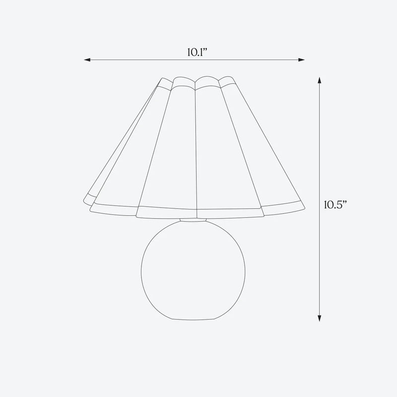 Minimalist line drawing of a table lamp with dimensions 10.1 inches wide and 10.5 inches tall, featuring a round base and pleated lampshade design.