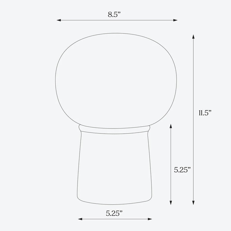 Diagram of a mushroom lamp with dimensions: 8.5 inches width, 11.5 inches height, 5.25 inches base diameter.