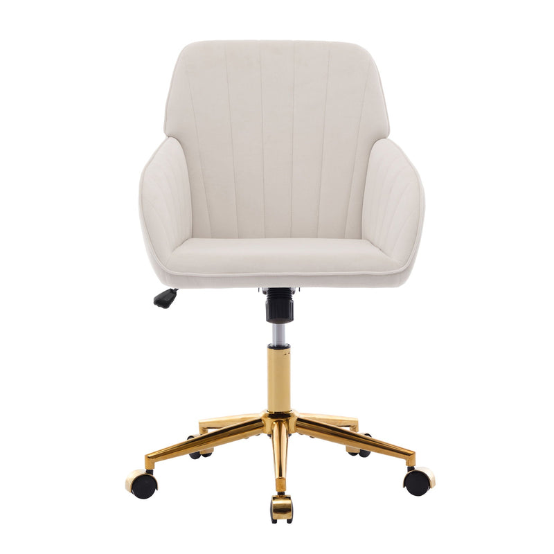 Luxurious white swivel office chair with gold base and ergonomic design.