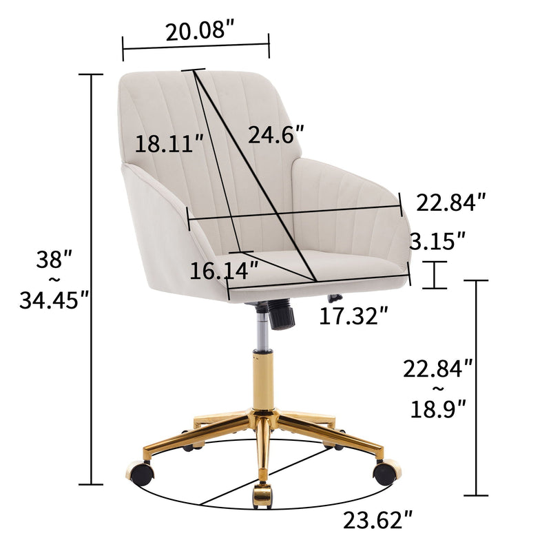Height-adjustable office chair with ergonomic design, featuring gold base and detailed measurements for optimal comfort.