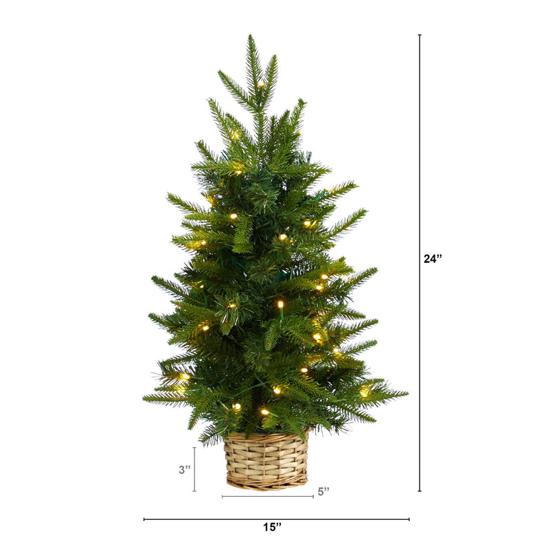 24-inch pre-lit artificial tabletop Christmas tree with warm white LED lights in a woven wicker basket, mini holiday decor for apartments, desks, and small spaces