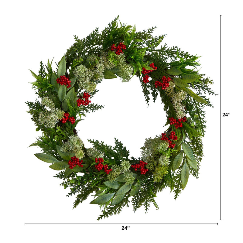 24-inch Christmas front door wreath with mixed evergreen foliage, preserved moss and red berry accents, rustic holiday decoration
