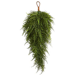 Long hanging evergreen swag with leather loop, cedar-style door and wall decor for farmhouse, Christmas, and year-round display