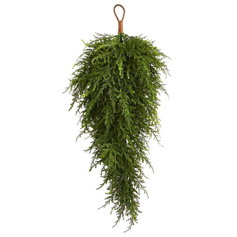 Long hanging evergreen swag with leather loop, cedar-style door and wall decor for farmhouse, Christmas, and year-round display