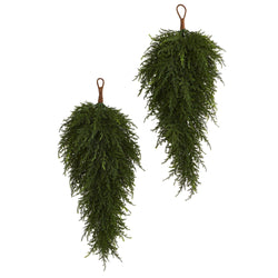 Two hanging cedar evergreen swags with brown loop hangers — realistic artificial greenery for holiday door, wall, mantel, and rustic home decor