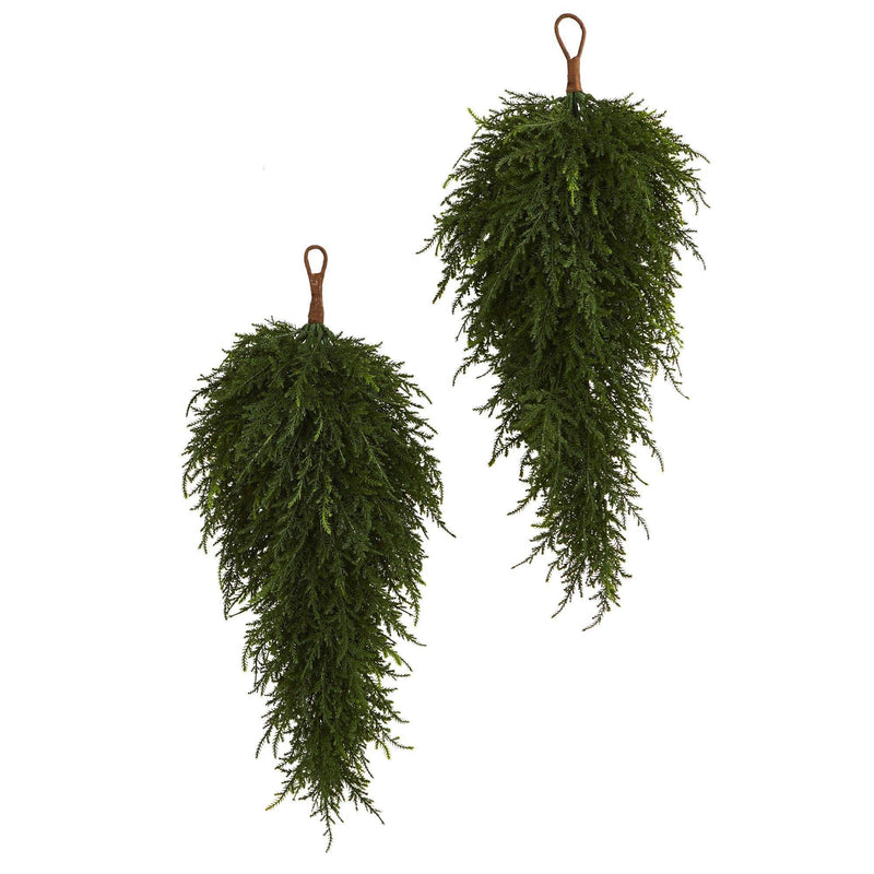 Two hanging cedar evergreen swags with brown loop hangers — realistic artificial greenery for holiday door, wall, mantel, and rustic home decor