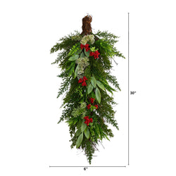 30-inch Christmas teardrop swag with cedar and eucalyptus greenery, clusters of red berries and rustic grapevine loop — front door, mantel or stair holiday decoration