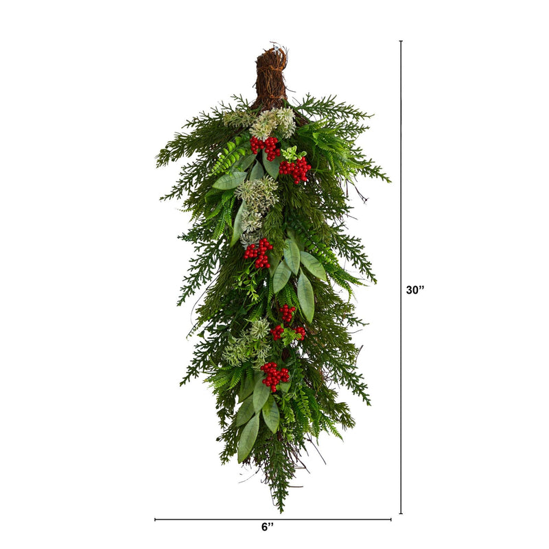 30-inch Christmas teardrop swag with cedar and eucalyptus greenery, clusters of red berries and rustic grapevine loop — front door, mantel or stair holiday decoration