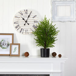 Farmhouse mantel decor vignette with potted evergreen in black planter, rustic white round Roman numeral wall clock, framed botanical prints and wicker decorative balls on white beadboard wall